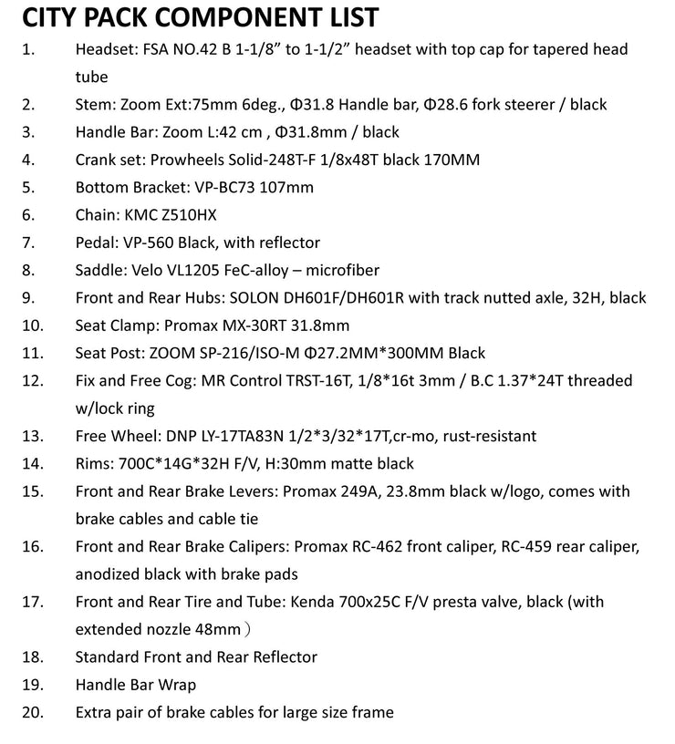 Component CITY PACK for complete bike