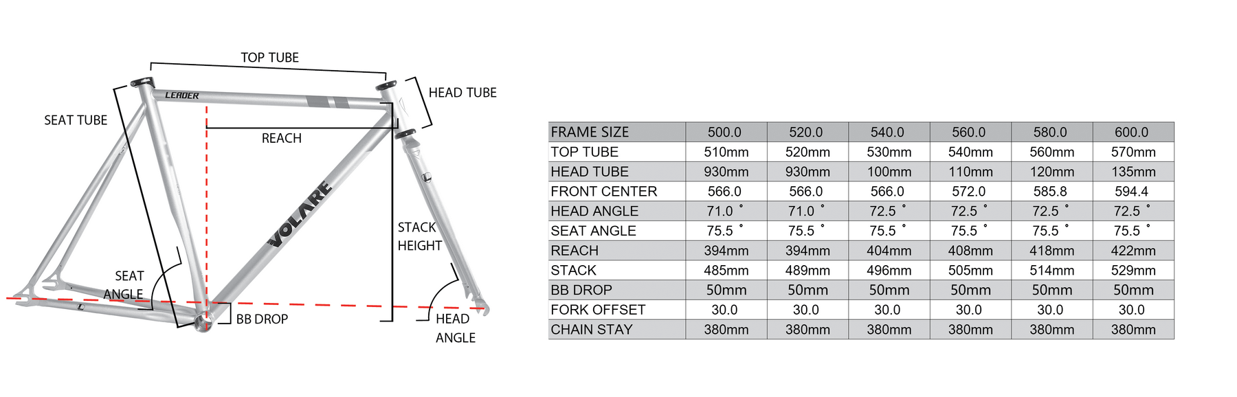 Leader bike size deals chart